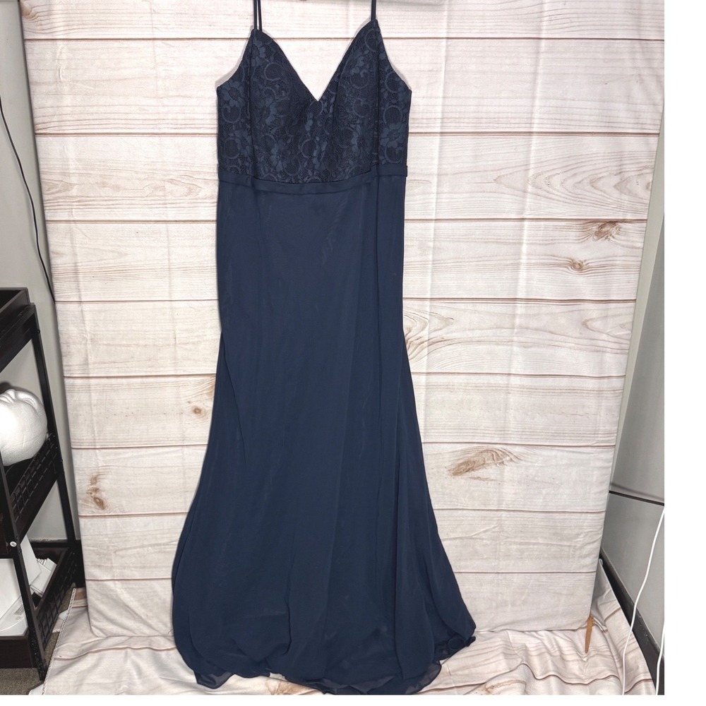 Azazie Dark Navy Blue Lace Bodice V-Neck Chiffon Formal Maxi Gown Dress Prom
